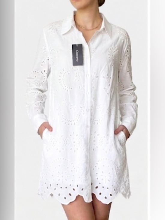 Chartou Dresses & Skirts - Chartou 100% Cotton Eyelet Long-Sleeve Dress in White